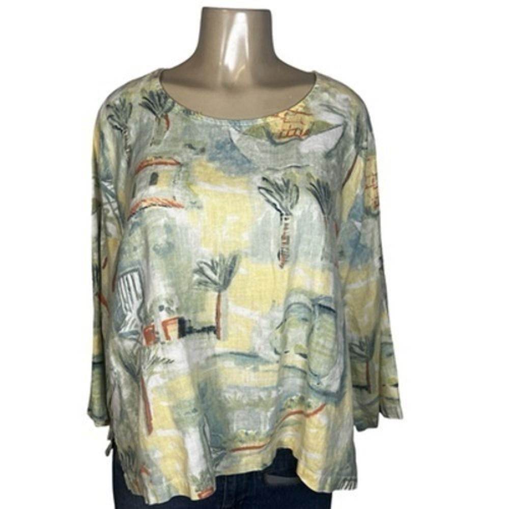 Hot Cotton By Marc Ware Shirt Womens XL Multicolor Linen Palm Tree Tropical
